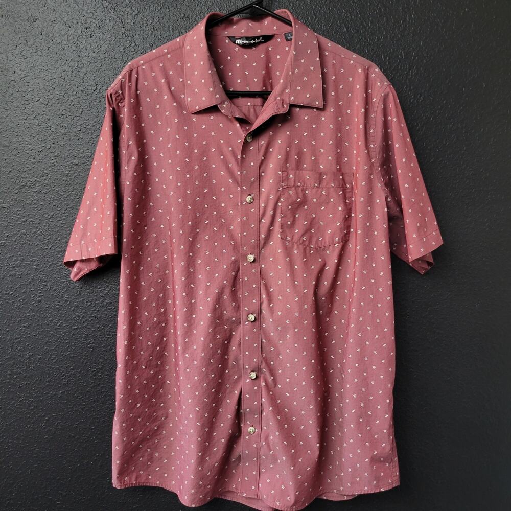 Travis Mathew Men’s Short Sleeve Button Up Shirt Large Burgundy Micro Print Golf